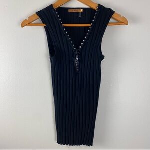 Belldini Chic Black Ribbed Knit Tank Sweater with Embellished Neck